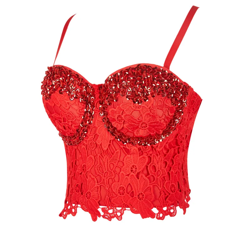 

2020 Plus Size High quality Hand-made Red Flora Lace And Sequined Push Up Steampunk Punk Sexy Bustiers Top Club Dance Bras