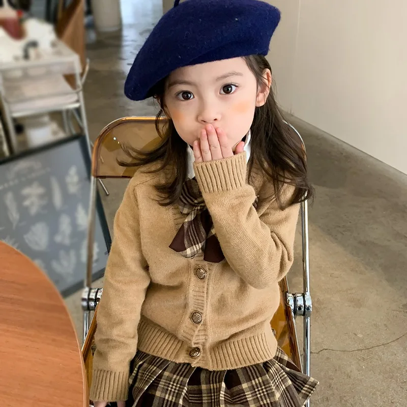 

Preppy Style Khaki Thickened Cardigan Sweater Casual Fashion V-neck Long Sleeve Knitted Girls Clothes Outfits For Kids Coat