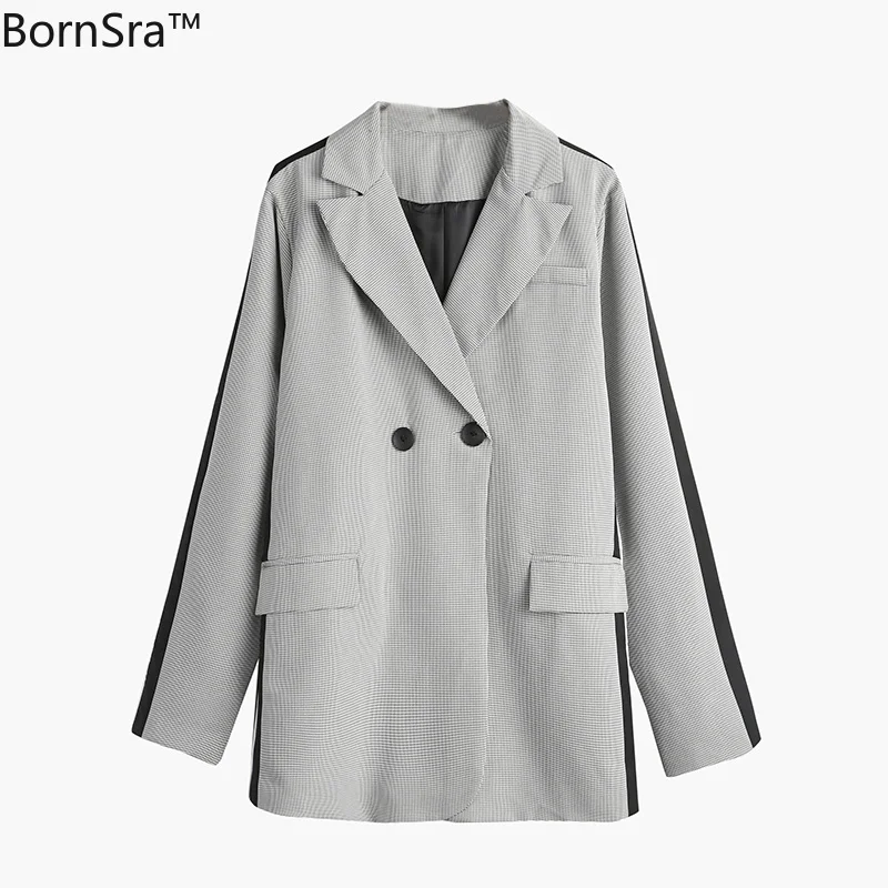

Bornsra 2020 Autumn Female Loose Woman Plaid Blazer Full Regular Single Breasted Notched Office Lady Women Blazers Chic Female