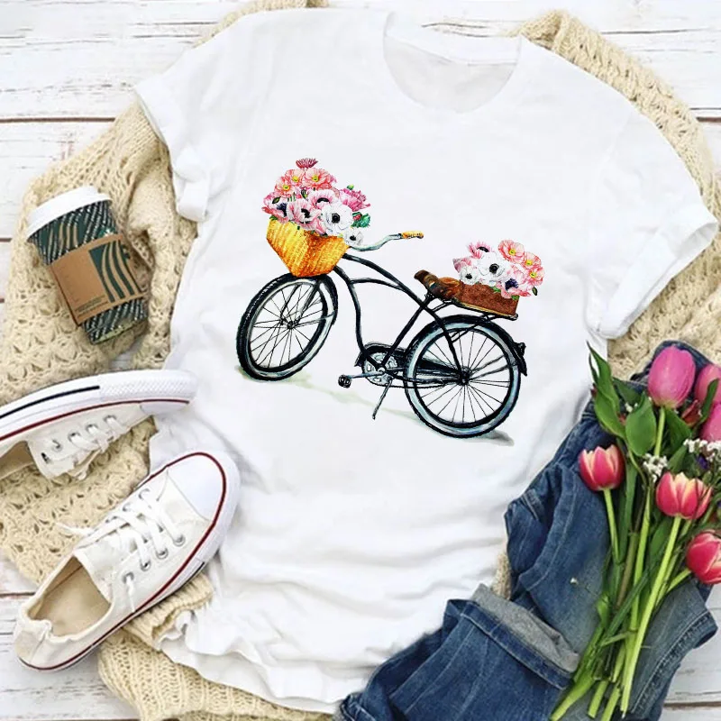 

Women T-shirts Bicycle Flower Fashion Trend 90s Top Lady Tshirt Female Ladies Print Graphic Tee T-Shirt
