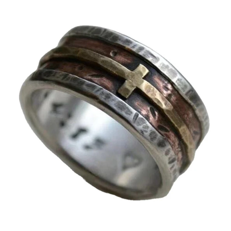 

Vintage Retro Tricolor Jesus Cross Finger Ring For Men Women Prayer Christian Jesus Rock Biker Wedding Band Jewelry