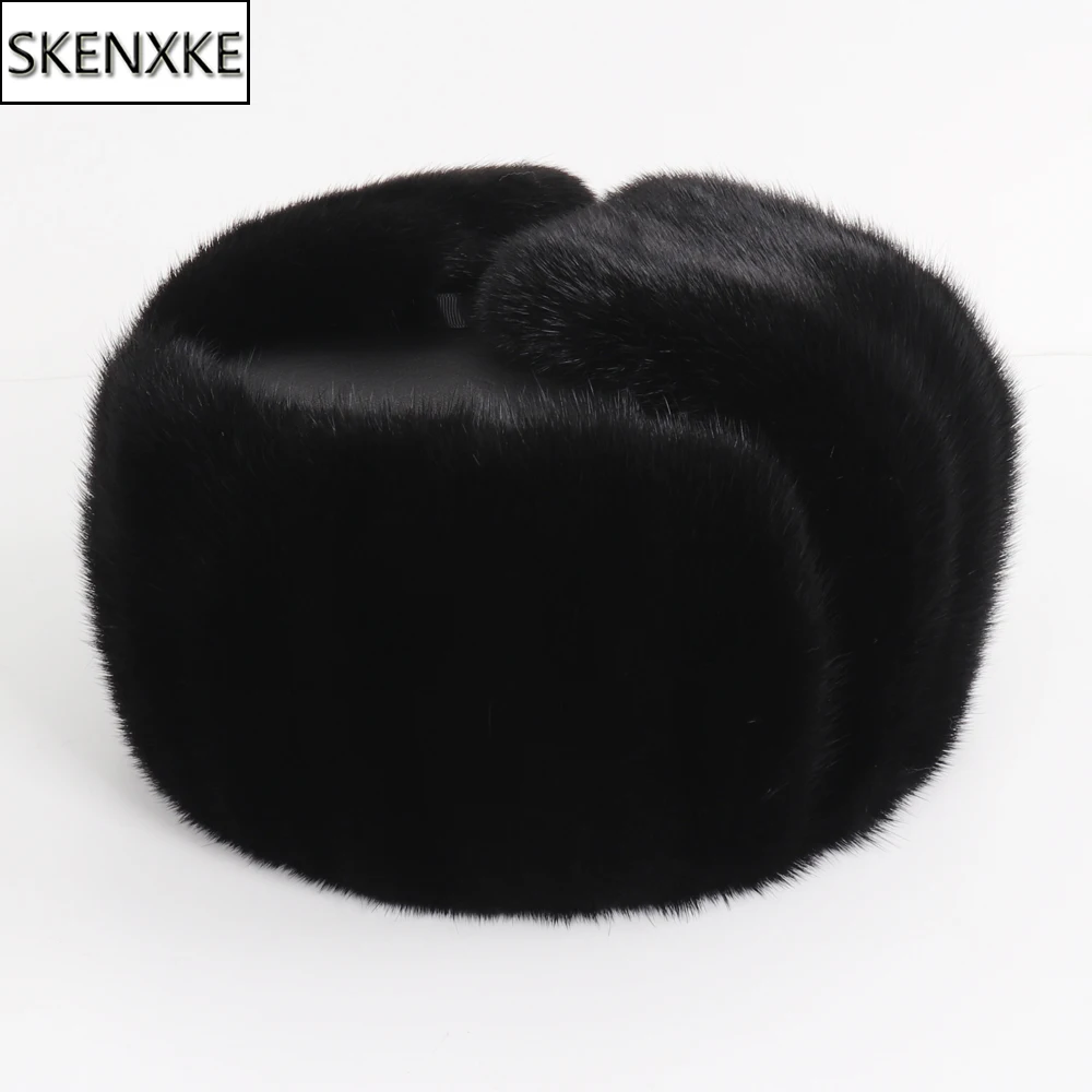 

New Winter Men Outdoor Real Mink Fur Bomber Hats Male Super Warm 100% Natural Mink Fur Hat Luxury Man Real Sheepskin Leather Cap