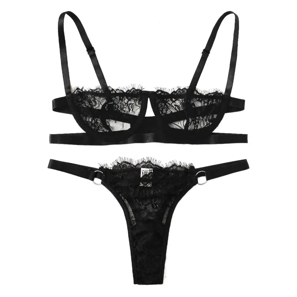 Black Женское нижнее белье, корсет, кружево, на косточках, пикантная муслиновая одежда для сна, нижнее белье, топы и трусы, модные, Sous Vetement Femme, сексуальный ансамбль - Цвет: Black