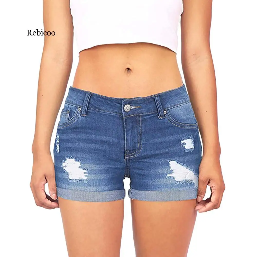

Women Low Waisted Washed Ripped Hole Short Mini Jeans Denim Shorts Casual Streetwear Basic Hotpants Hot Blue Shorts Hole