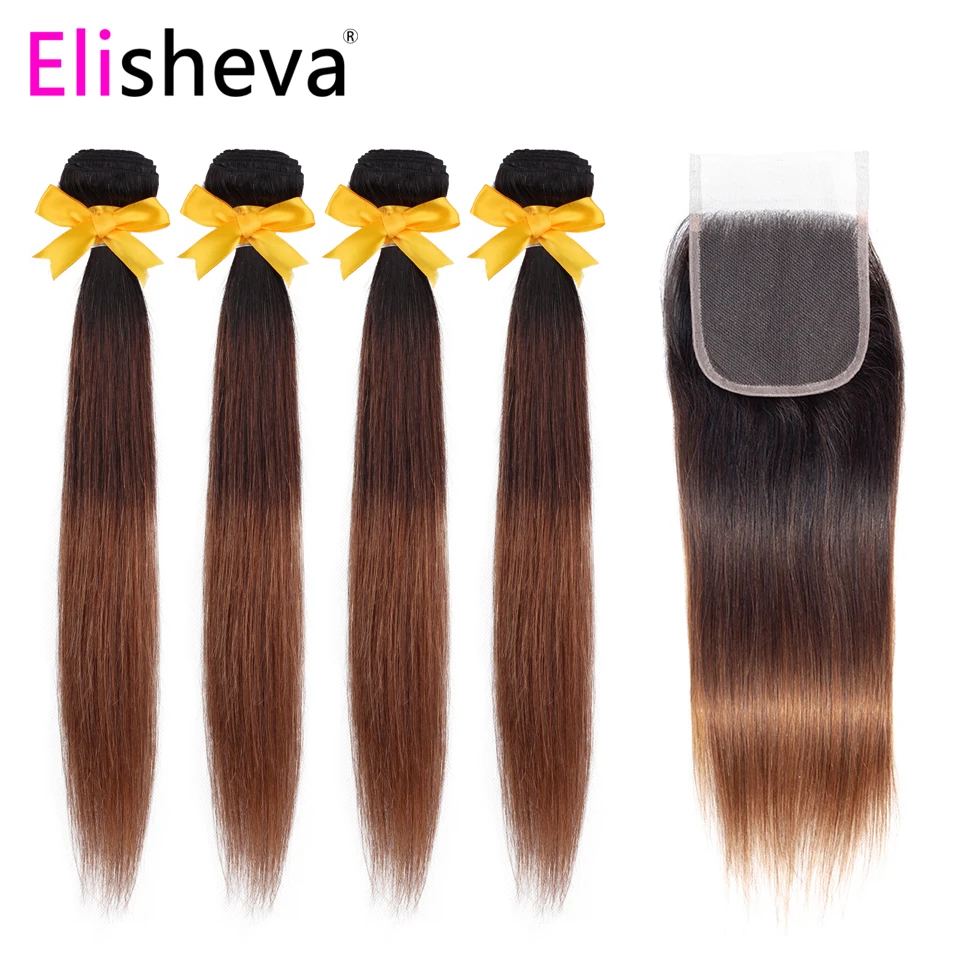 Elisheva 1B/4/30 прямые человеческие волосы цветные пучки с закрытием 3 тона Омбре