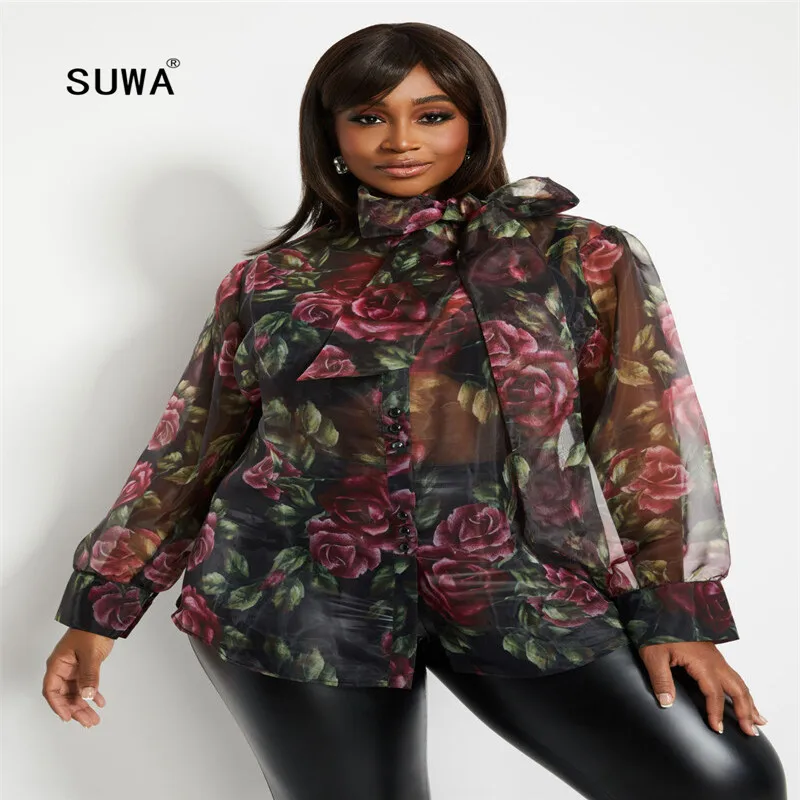 

PLUS SIZE floral print bow collar long sleeve mesh shirts newon summer streetwear women see-through thin blouses femme tops
