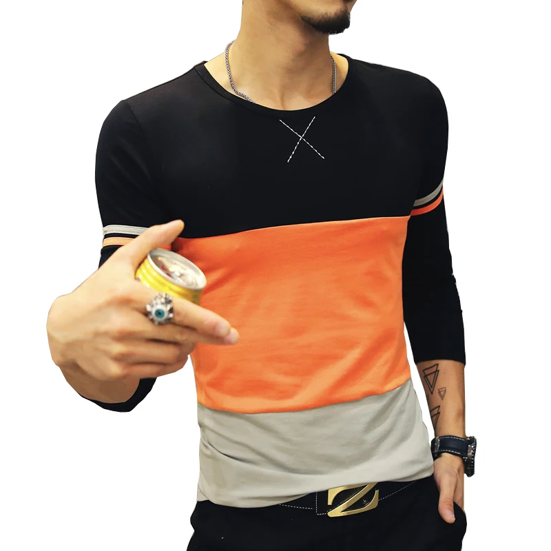 

2021 New Fashion Brand Spring Men's T-Shirt O-Neck Patchwork Men's Long-Sleeved T-Shirt