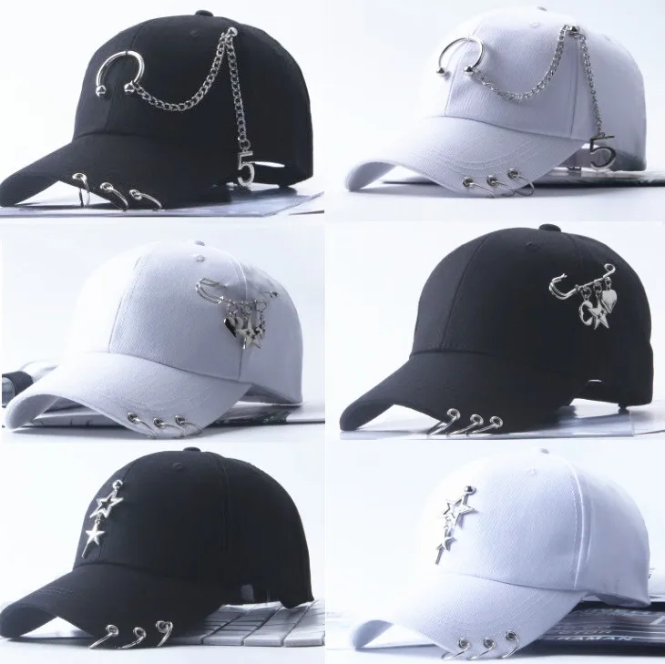 BBS083 Punk Style Baseball Caps With Metal Pin Women Hip Hop Snapback Hats Casual Cotton Curved Sun Hats With Ring