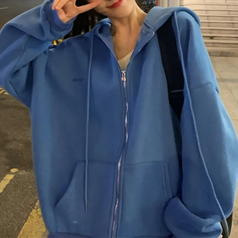 

Women Grunge Solid Sweatshirts Long Sleeve Pockets Zipper Hoody Outwear Indie 90s Streetwear Fashion Hoodies