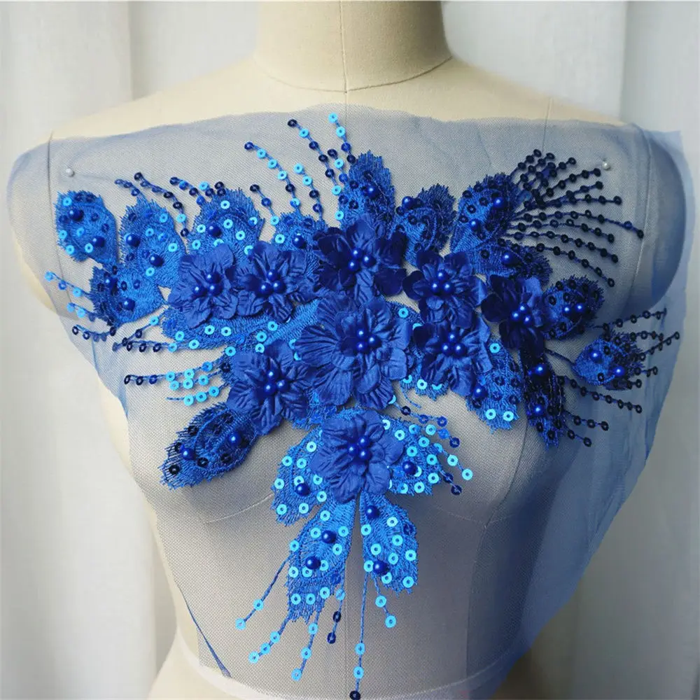 Королевский синий блестящий бахрома 3D цветок Роза бусины кружевная ткань