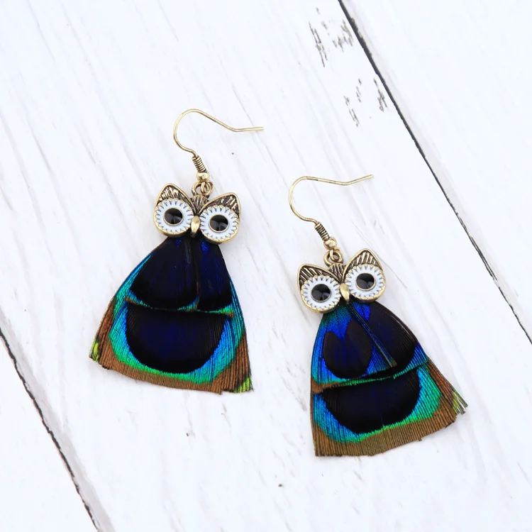 

Retro Peacock Feather Owl Earrings Simple And Versatile Fashion Jewelry Boho Drop Earrings Seed Beads Vintage Jewelry