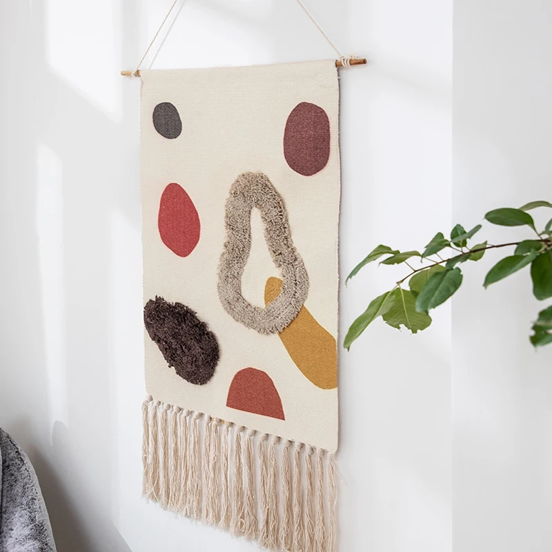 Tapiz de macram&eacute; de algod&oacute;n y lino con estampado de borlas, tejido a mano, bohemio, decoraci&oacute;n de pared, accesorios de decoraci&oacute;n para habitaciones, 98x50cm-2