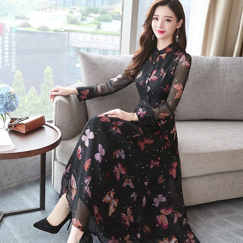 Женская осень и зима новое ретро цветочные миди XL шифоновое платье большого