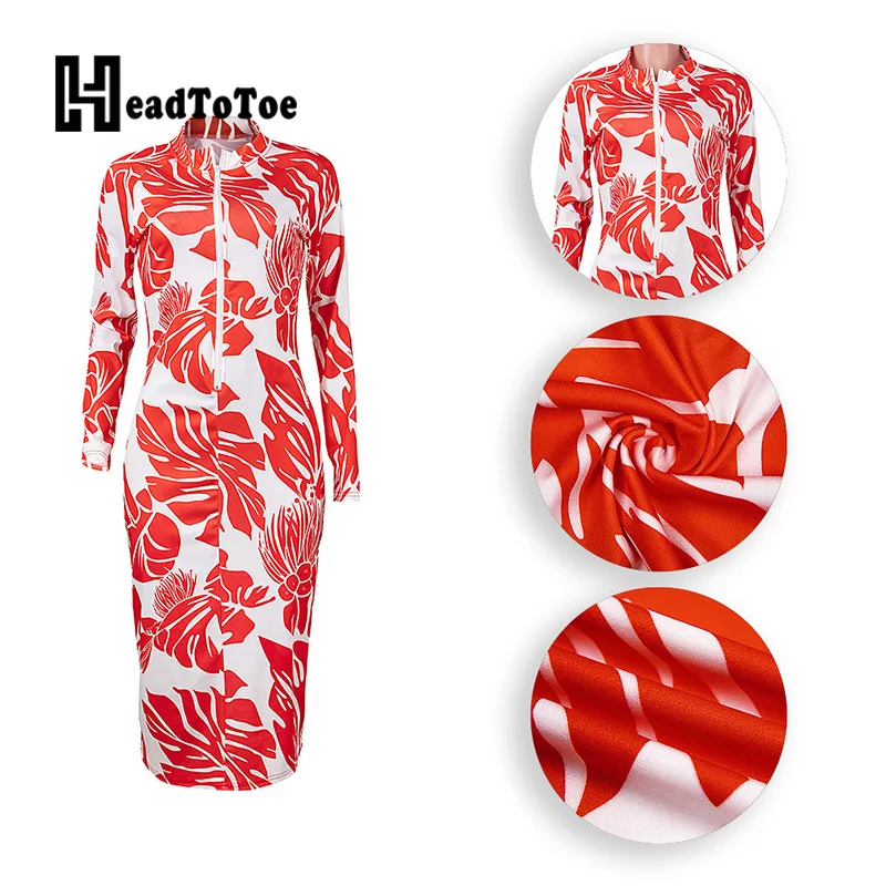 

Sheath Fashion Sexy Tie Dye Floral Print Dresses Women Full Sleeve Stand Collar Mid-calf Midi Dress