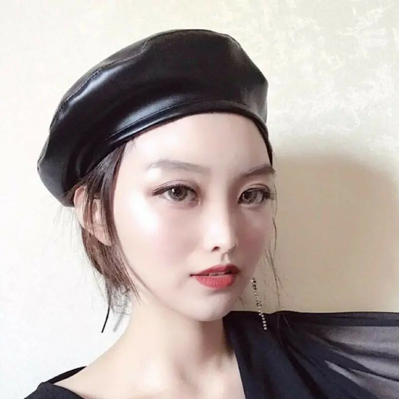 

Hirigin Women Hot Fashion Beret Solid Faux PU Leather Beret French Artist Warm Beanie Hat