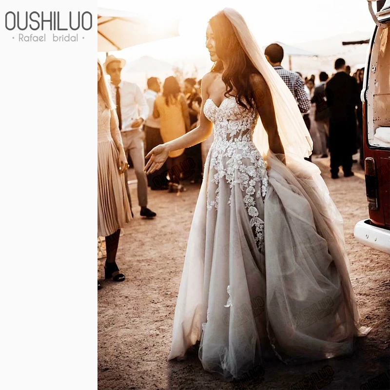 Open Back Bohemian Wedding Dresses 2020 Country Dress Boho Long Backless white Gown Sheer Tulle With Appliques | Свадьбы и торжества