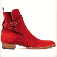 new men shoes handmade red suede classic round toe low heel belt buckle fashion trend casual christmas dress ankle boots kr495