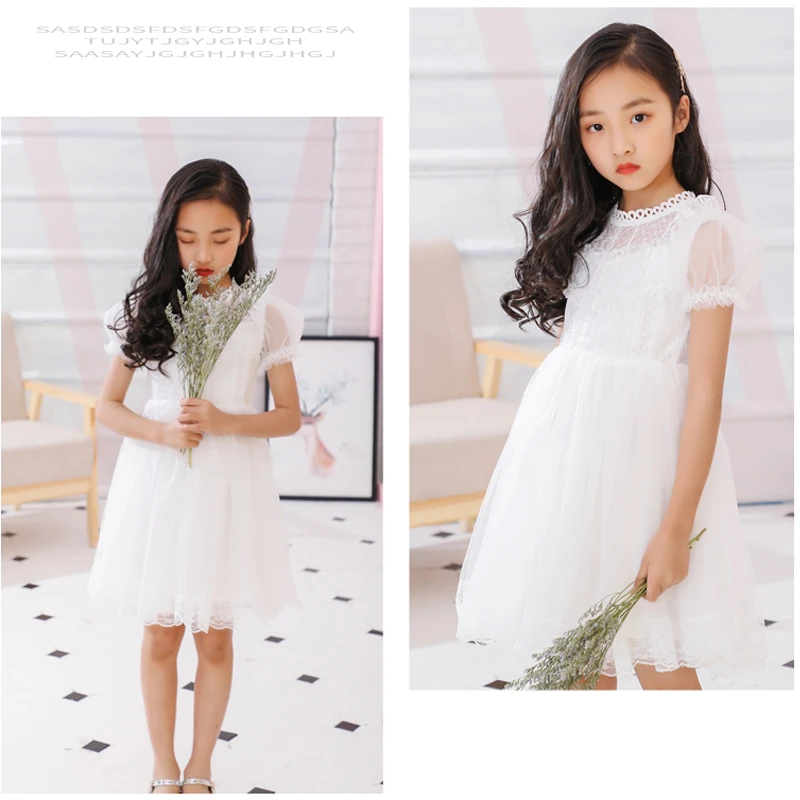 Girls Dress Short Sleeve Fairy Gauze White Wedding Flower Girl Lace Princess Veil Puff Kids Wear Vestidos Niña | Детская одежда и