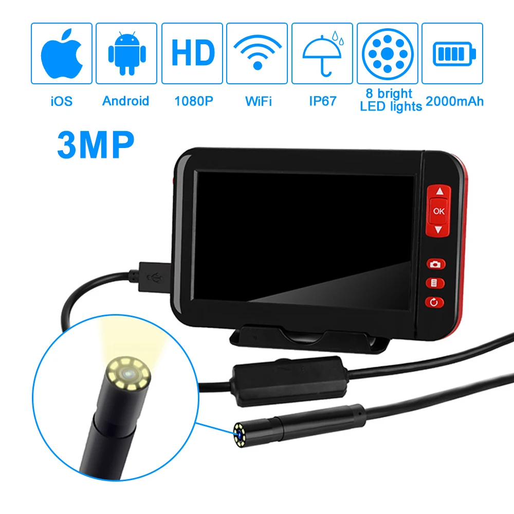 

1080P 8mm Endoscope Mini Camera with 8 LED Lights 4.3 IPS LCD 3MP Inspection Camera Snake Camera Endoscope For Cars Sewer Drain