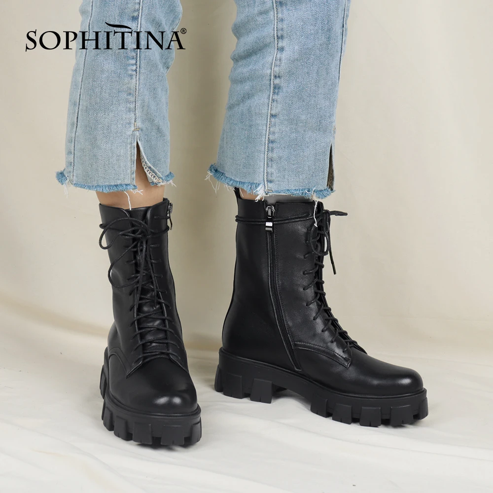 

Женские ботинки на молнии SOPHITINA, черные кожаные ботинки ручной работы, на шнуровке, C811