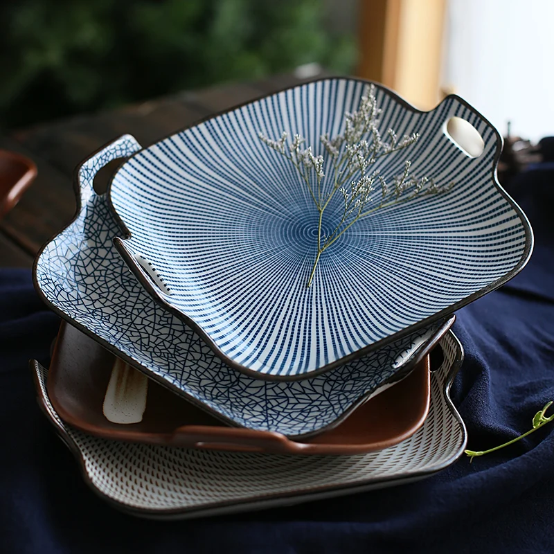 

1pc 9 Inch Japanese Style Dinner Plate Line Stripe Dinner Dishes with Double Handle Square Dinnerware Dishes Dessert Plate