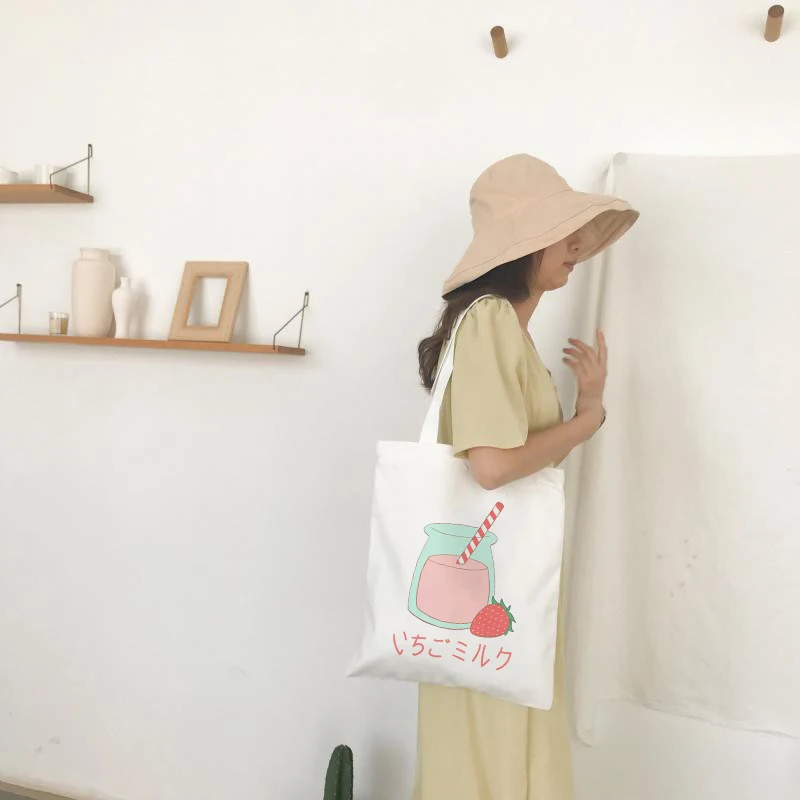

Women Chic Strawberry Printed Cotton Canvas Shopper Bag Girl Harajuku 90s Y2K Classic Vintage Shoulder Handbag Female Bolsa