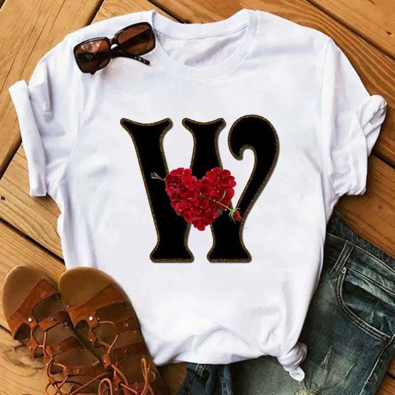

Vogue 26 alphabet rose letter women T-shirt Harajuku A To Z Alphabet combination flower Short Sleeve casual Korean Style Tops