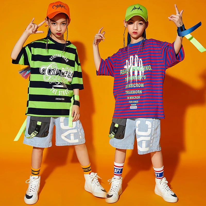

Hip Hop Kids Street Dance Clothing Striped Sweatshirts Denim Shorts Summer Short Sleeve Ballroom Jazz Performance Outfits BL6201