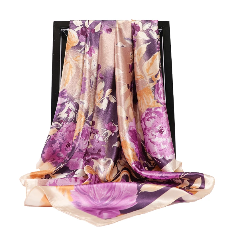 

Fashion Purple Hair Scarf For Women Floral Print Silk Satin Hijab Scarfs 90cm Square Shawls Neckerchief Scarves For Ladies 2020