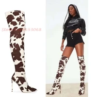 pointed toe over the knee boots in white cow slip on high quality high stiletto heels sewing patchwork women stretch shoes