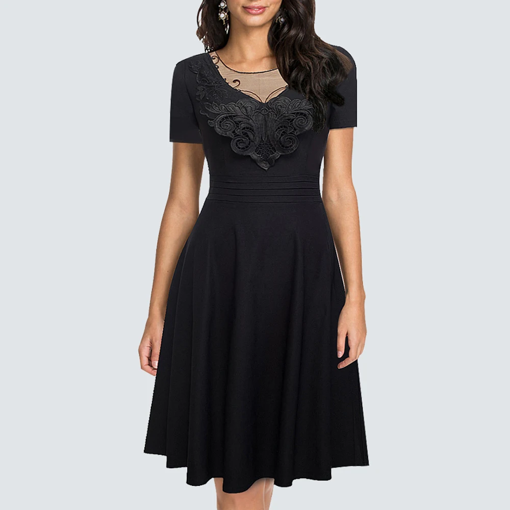 

Women Retro Party O Neck Applique Mesh Patchwork A-Line Skater Dress HA084