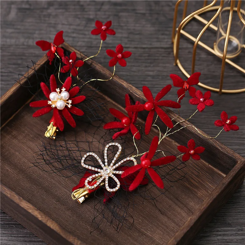 

Bride Jewelry Handmade Pearl Hairpin Headdress Red Fairy Headdress 2021 Wedding Accessories hair bow hair clip