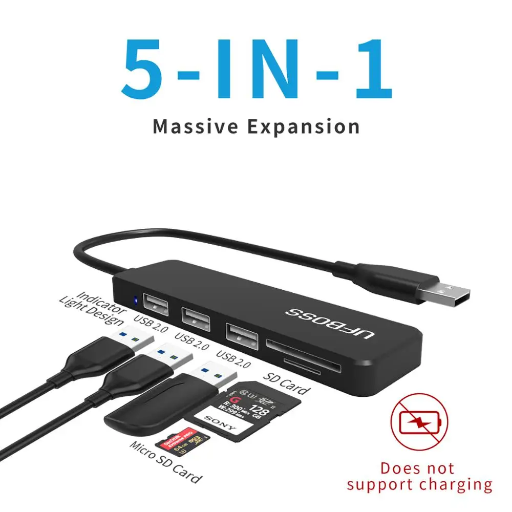 

USB-концентратор, USB-адаптер 5-в-1 с 3 USB 2,0, кардридером SD/TF, USB-док-станцией, совместимым с MacBook, iPad Pro, XPS и многим другим