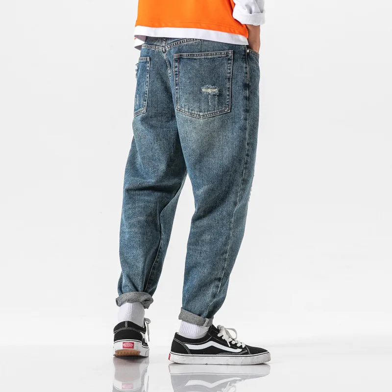 Джинсы мужские с вышивкой в стиле ретро потертые прямые джинсы хип хоп