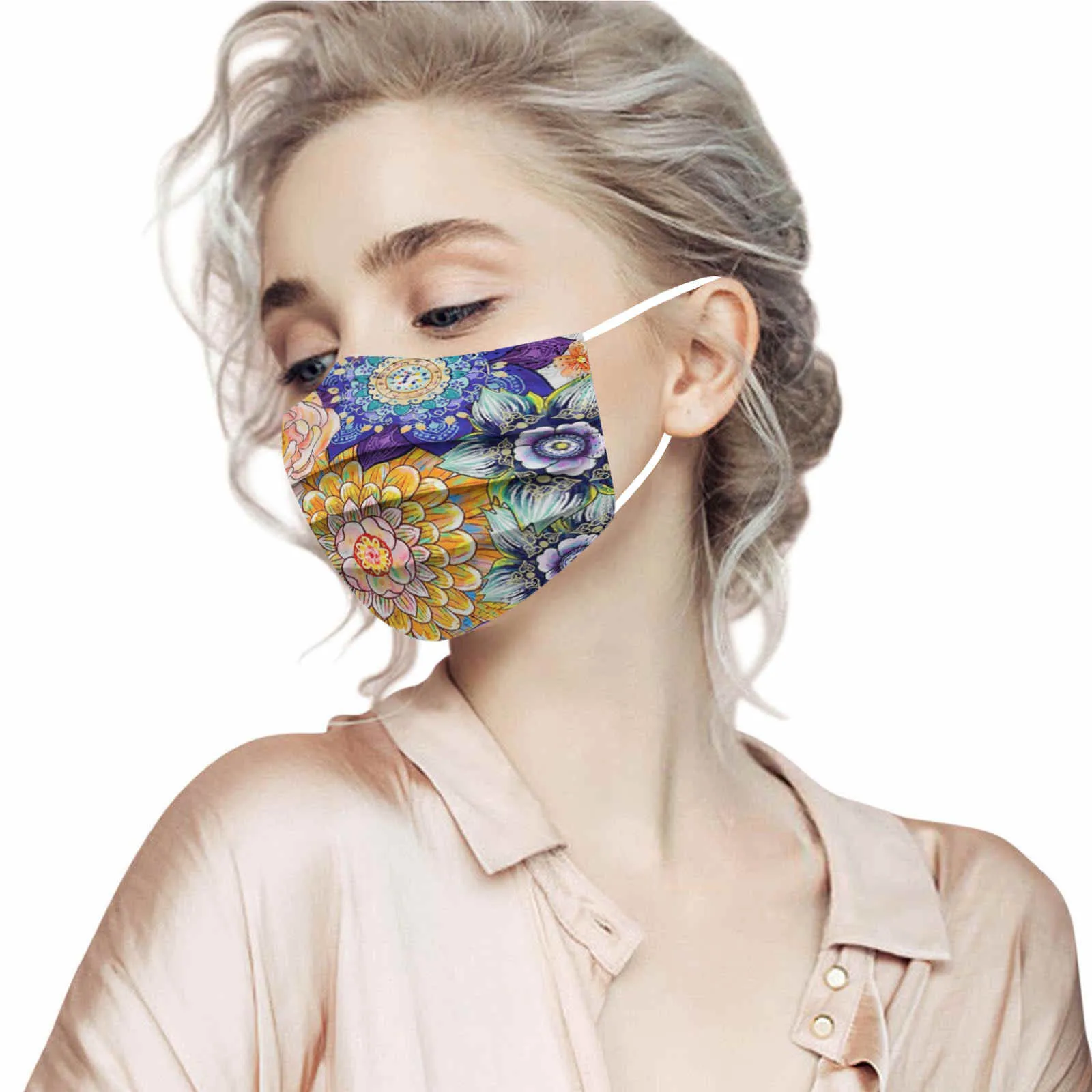 50 шт. одноразовых масок для взрослых с цветочным узором для женщин.