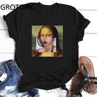 Футболка женская летняя свободная с принтом, смешная графическая рубашка с принтом живота, Мона Лиза