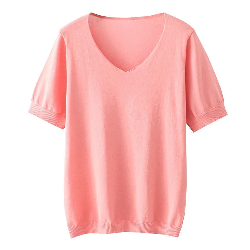 

Summer Women T-Shirt Plus Size Tops Female Clothes Short Sleeve Fashion Candy Color V Neck Ice Silk Knitting Tees 2021