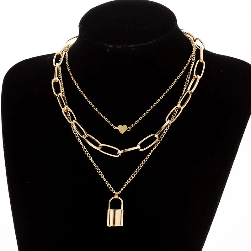 Heart Lock Gold Женское многослойное ожерелье KMVEXO, серебряные цепи с крестиком - Окраска металла: Heart Lock Gold