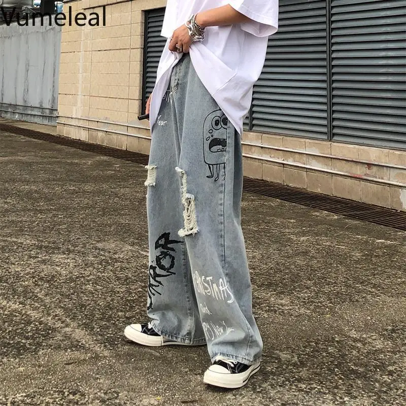 

Street Popular Logo Hip-Hop Graffiti Washed with Holes In Jeans Loose Wide-leg Straight-tube Joker Daddy Pants for Men and Women
