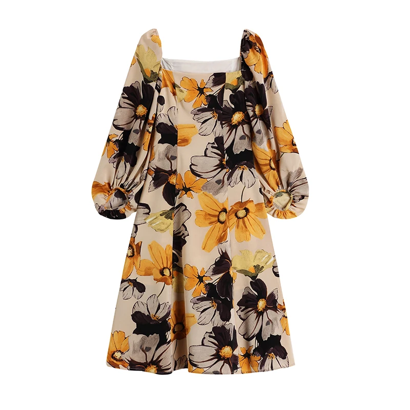 

Женское винтажное платье миди с квадратным вырезом, длинным рукавом и цветочным принтом