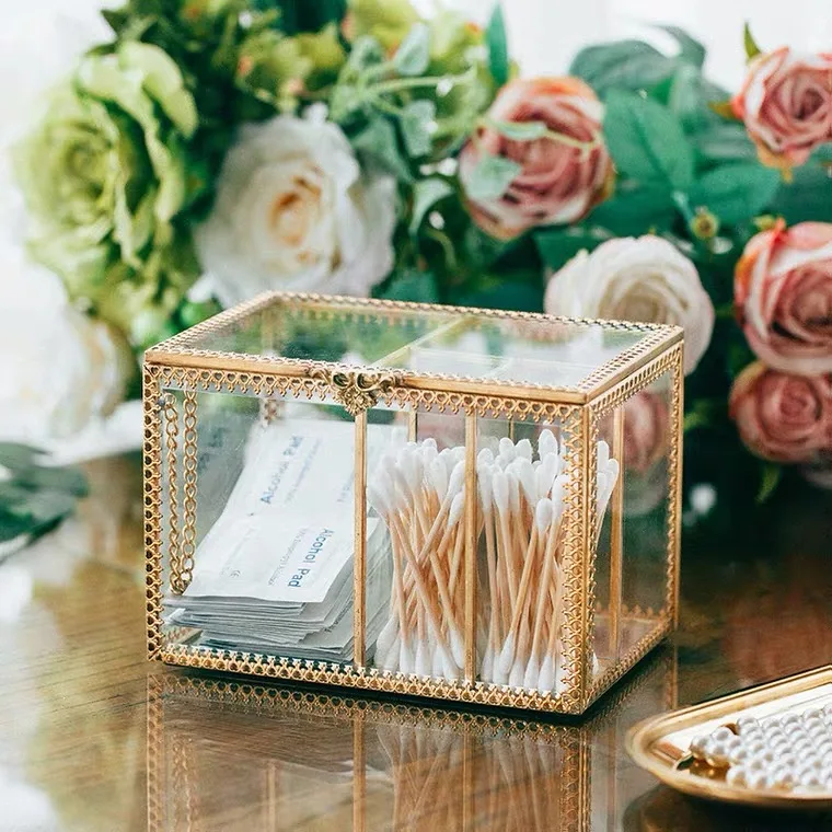 

Nordic Delicate Glass Copper Cotton Swab Box Desktop Cosmetic Storage Holder Nail Art Organizer Dressing Dust Proof Storage Case