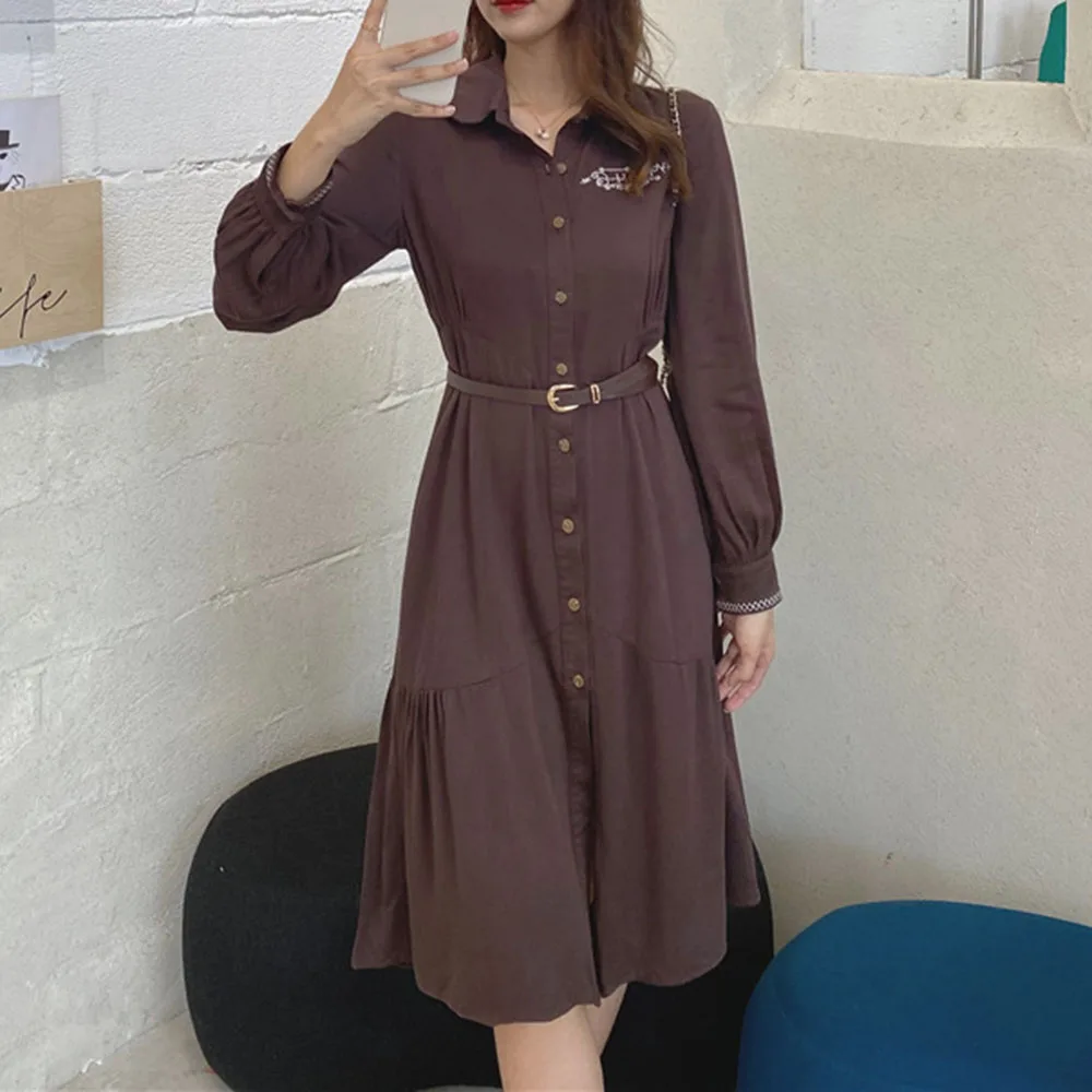 

2021 New Autumn Women's Korean Dress Single Breasted Waist Over Knee Casual Solid Splicing Lapel Elegant Office A-line Dresses