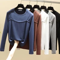 2021fake two piece long sleeve t shirt women cotton poleras mujer solid o neck korean style clothes spring autum tee shirt femme