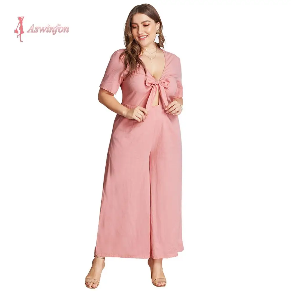 Женский цельный комбинезон Aswinfon повседневный однотонный большого размера с v