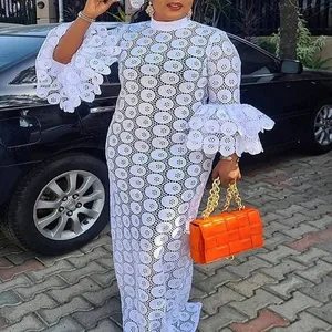 African Women Dresses Dashiki Elegant Maxi Long White Lace Hollow Out Muslim Fashion Abayas Robe Abaya Dubai Luxe Party Clothes