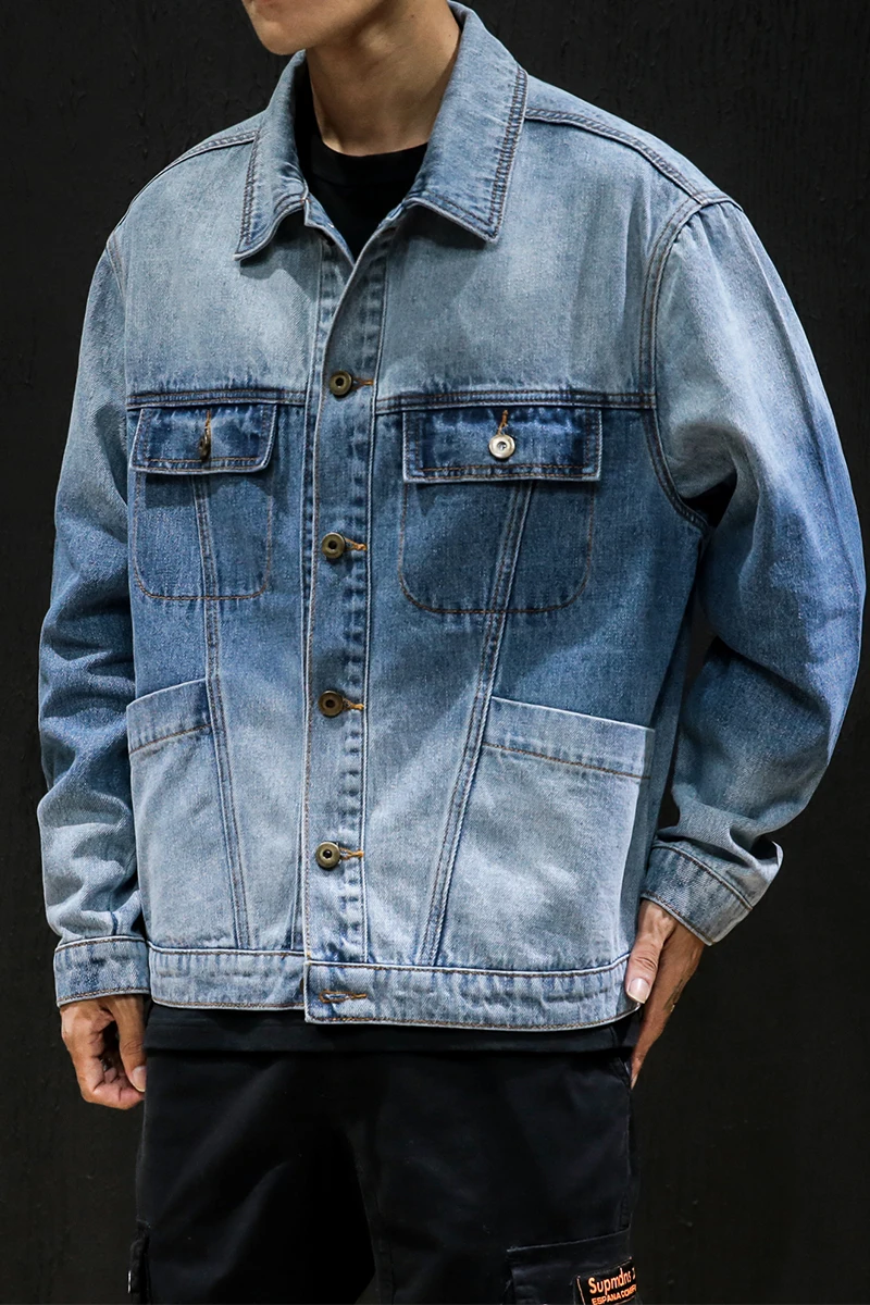 Мужская джинсовая куртка синяя однотонная градиентного цвета ПРИШИТАЯ с