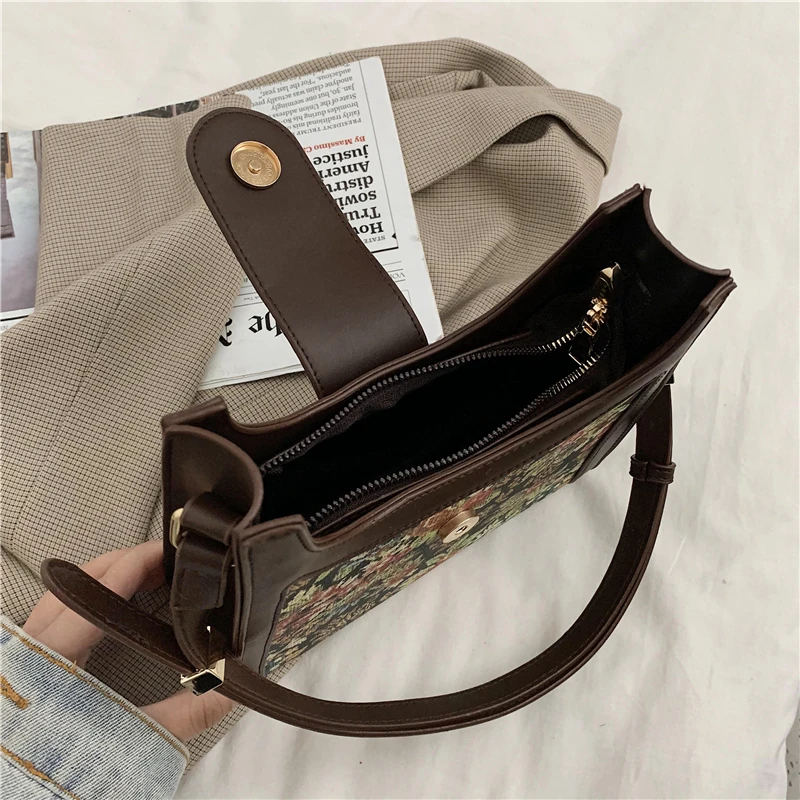 

2020 Vintage Black Female Shoulder Bags Printed Leather Tote Bag Quality Daily Crossbody Bag Temperament Ladies Underarm Bag Sac