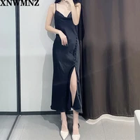 xnwmnz woman dress v neck vintage backless spaghetti strap midi dress elegant side split vestido de mujer famous party dress