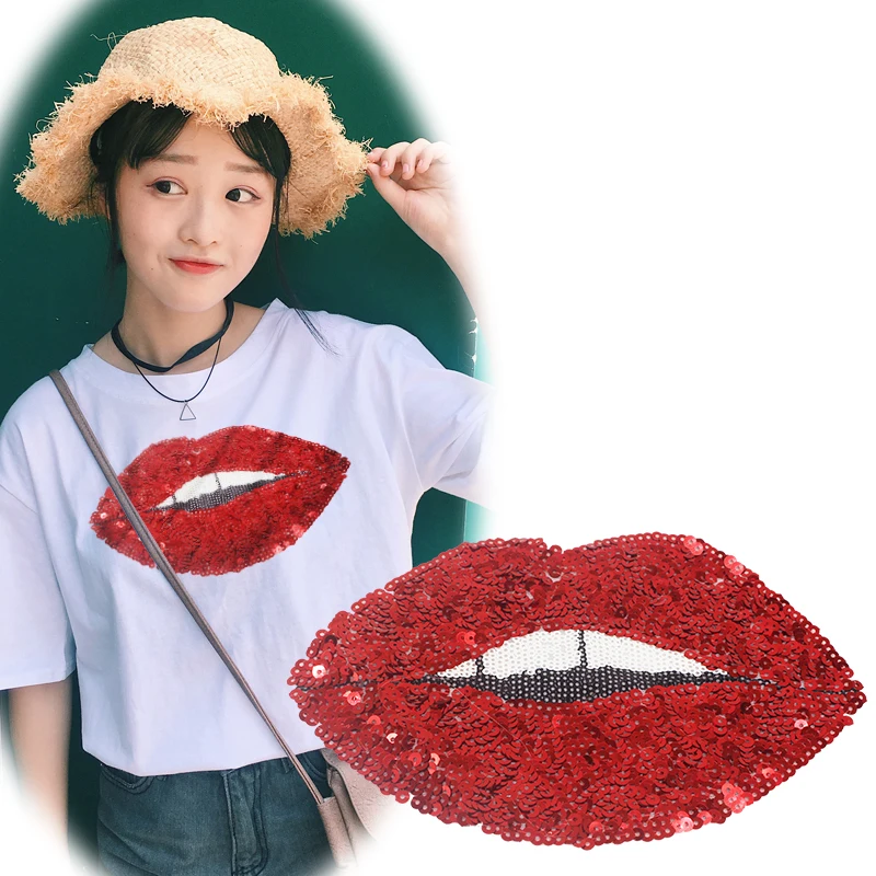 Большая вышивка большой патч красные губы рот мультфильм патчи для сумки бейджи