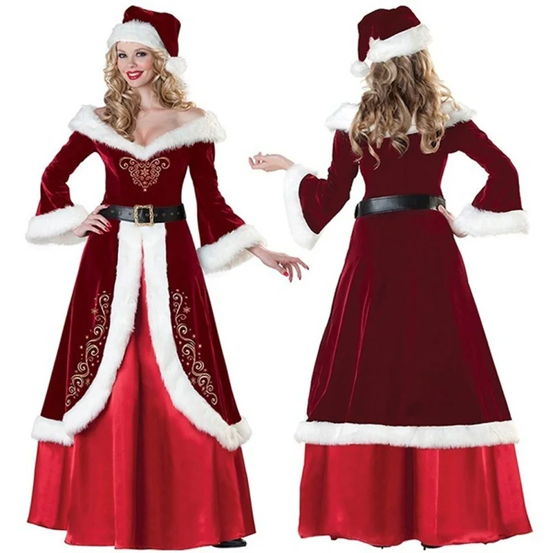 Рождество Косплей вечерние бархатные длинный рукав халат Санта Клаус костюмы